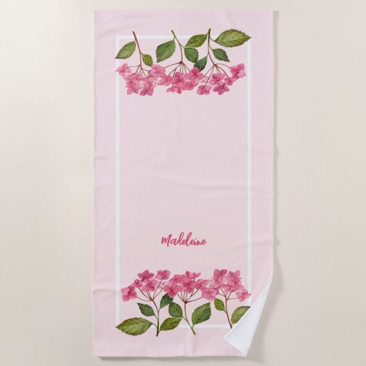 Serviette De Plage Aquarelle rose Hydrangée Lacecaps Illustration (Devant)