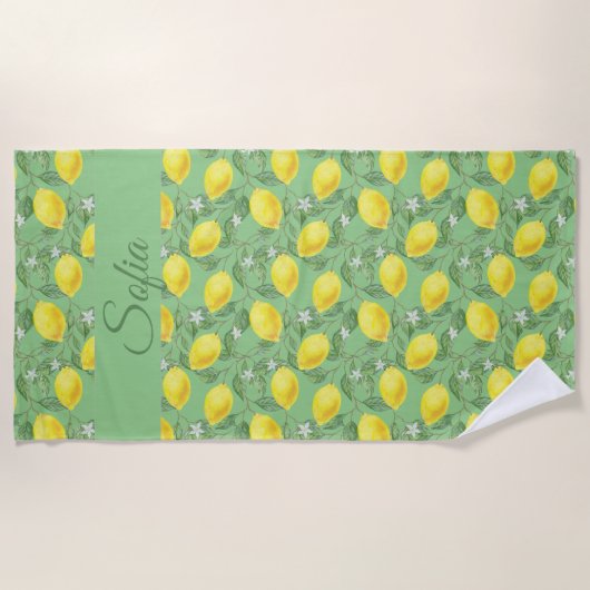 Serviette De Plage Aquarelle rouge citron jaune rustique motif vert (Devant)