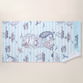 Serviette De Plage Aquarelle Sirène Bleu Bande (Devant)