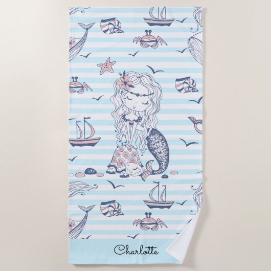 Serviette De Plage Aquarelle Sirène Bleu Bande (Devant)