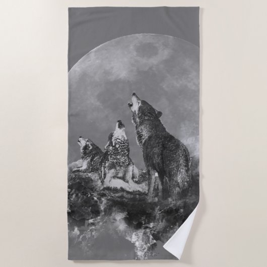 Serviette De Plage Aquarelle Trois Loups hurlant sur la lune (Devant)