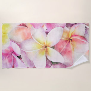 Serviette De Plage Aquarelle tropicale de la plumeria d'Hawaï