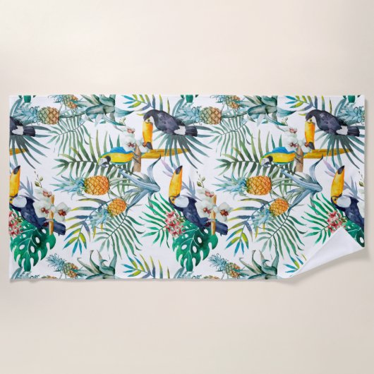 Serviette De Plage Aquarelle tropicale d'oiseau de perroquet d'ananas (Devant)