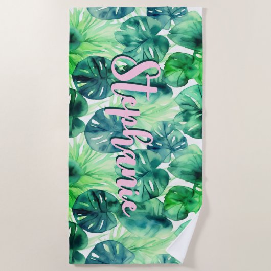 Serviette De Plage Aquarelle tropicale Feuille Monstera Nom rose (Devant)