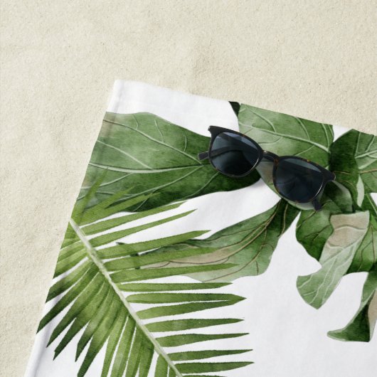 Serviette De Plage Aquarelle tropicale Feuilles Nom du script Monogra (En situation)