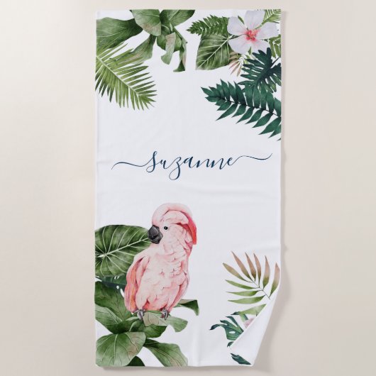Serviette De Plage Aquarelle tropicale Feuilles Nom du script Monogra (Devant)