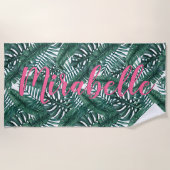 Serviette De Plage Aquarelle tropicale Palm Feuille Nom rose personna (Devant)