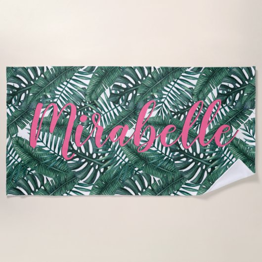 Serviette De Plage Aquarelle tropicale Palm Feuille Nom rose personna (Devant)