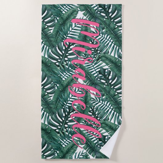 Serviette De Plage Aquarelle tropicale Palm Feuille Nom rose personna (Devant)