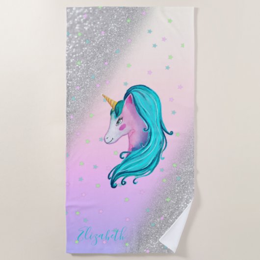 Serviette De Plage Aquarelle Unicorne, Étoiles, Parties scintillant A (Devant)