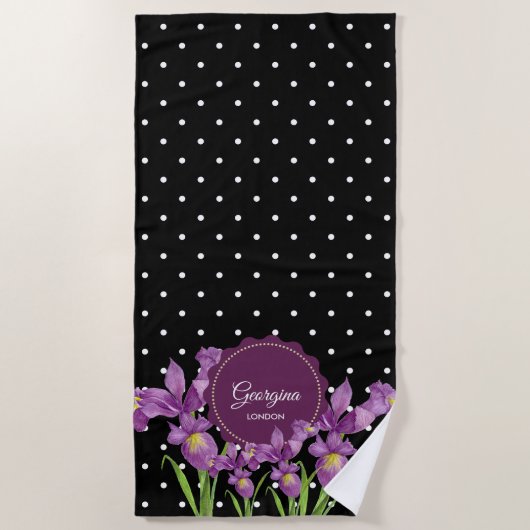 Serviette De Plage Aquarelle violet Iris noir blanc Pois (Devant)