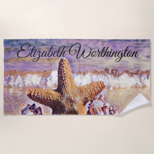 Serviette De Plage Aquarelle violette Coquillages d'étoiles de mer Pe