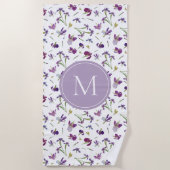 Serviette De Plage Aquarelle violette Iris Fleurs Motif Monogramme (Devant)