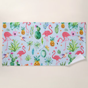 Serviette De Plage Aquarelles modernes fleurs et Flamants roses tropi