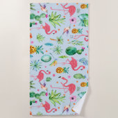 Serviette De Plage Aquarelles modernes fleurs et Flamants roses tropi (Devant)