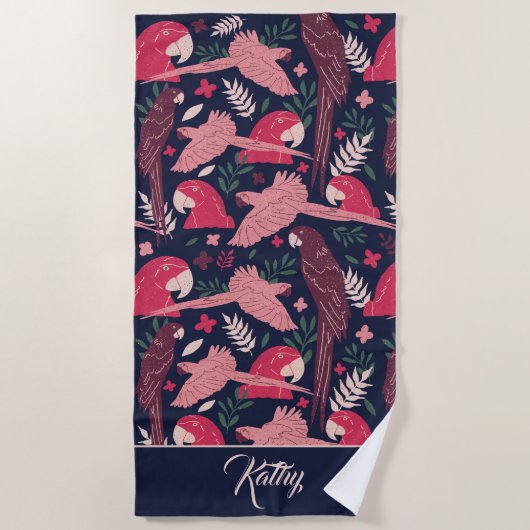 Serviette De Plage Ara Parrot Motif Tropical Dessin Nom du monogramme (Devant)
