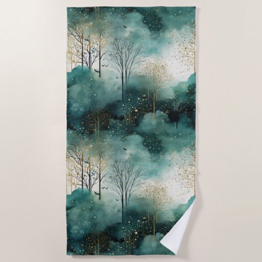 Serviette De Plage Arbres verts dorés avec oiseaux Noël (Devant)