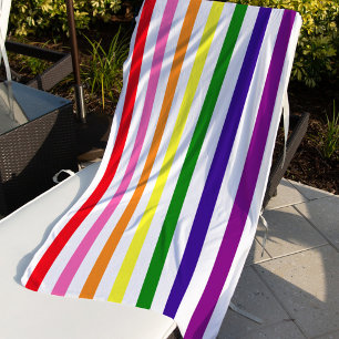 Serviette De Plage Arc-en-ciel vif et rayures verticales blanches