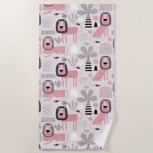 Serviette De Plage Arcs-en-ciel rose noir Lions Boho (Devant)