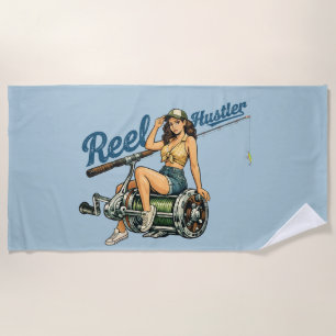 Serviette De Plage Arnaqueur de moulinet Rétro Pin-Up pêche bleu Drôl