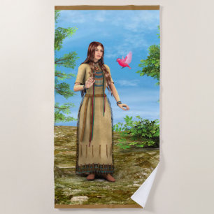 Serviette De Plage Art de femme amérindienne forêt oiseau