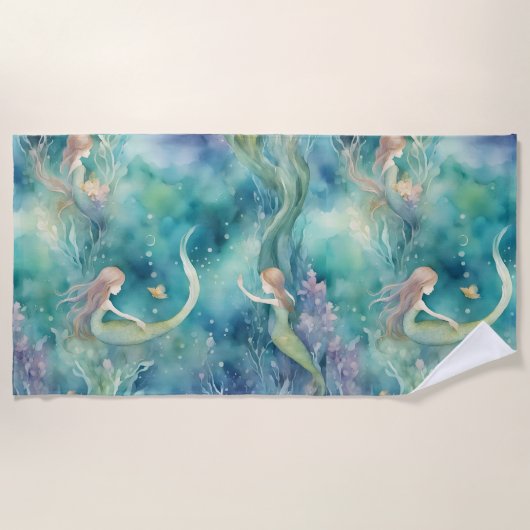 Serviette De Plage art de sirènes à l'aquarelle (Devant)