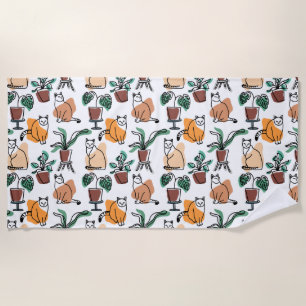 Serviette De Plage Art de trait dessin chats et fleurs