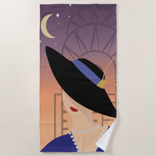 Serviette De Plage Art Déco des années 1930 Femme en Casquette avec C (Devant)