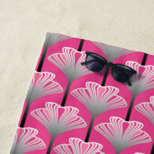 Serviette De Plage Art déco Lily, Fuchsia rose et gris argenté