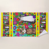 Serviette De Plage Art populaire Style Whimsical Chat et Fleurs (Devant)