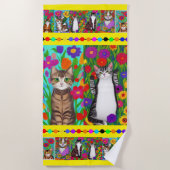 Serviette De Plage Art populaire Style Whimsical Chat et Fleurs (Devant)
