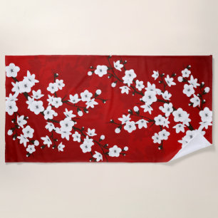 Serviette De Plage Asie Floral blanc cerisier rouge