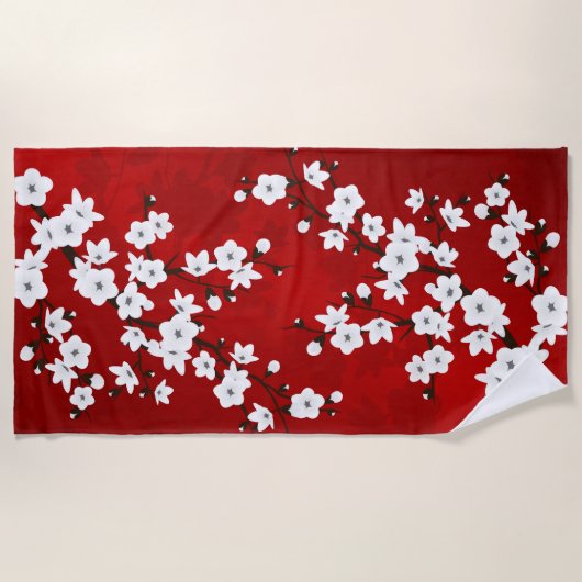 Serviette De Plage Asie Floral blanc cerisier rouge (Devant)