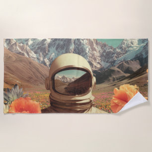 Serviette De Plage Astronaute surréaliste dans un champ de fleurs
