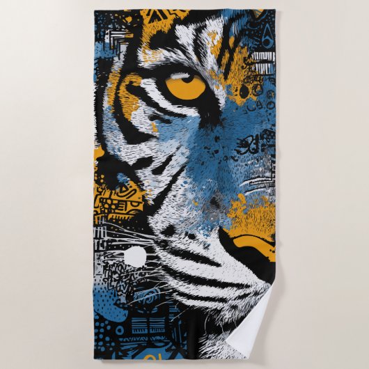 Serviette de plage au tigre – Graphisme jaune bleu (Devant)