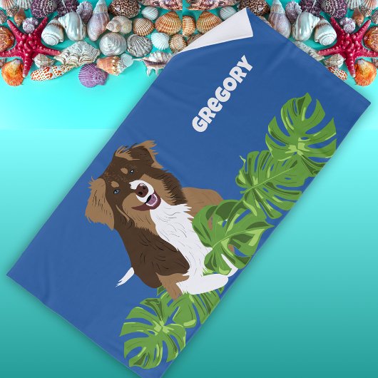 Serviette De Plage Aussies Australian Shepherd Chien Feuilles tropica