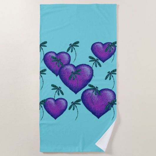 Serviette de plage aux Coeurs pourpres et libellul (Devant)