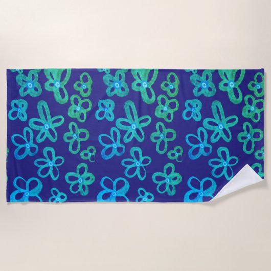 Serviette de plage aux fleurs bleues et sarcelles (Devant)