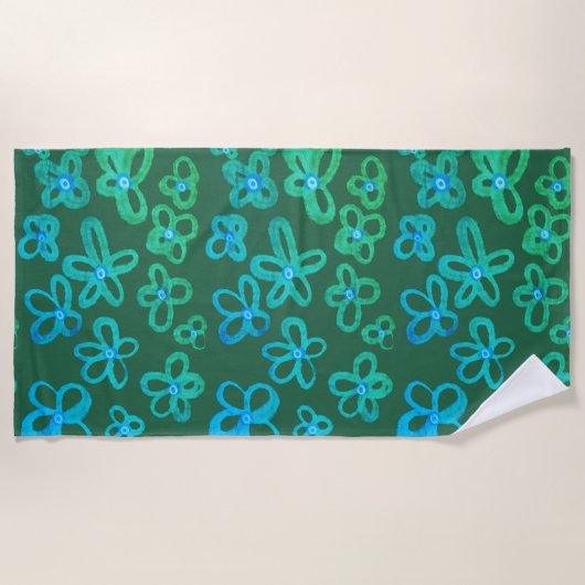 Serviette de plage aux fleurs bleues et sarcelles (Devant)