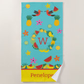 Serviette de plage aux fleurs et aux fruits tropic (Devant)