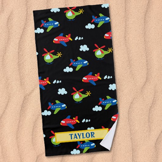 Serviette De Plage Avions Hélicoptères & Nuages Artwork sur Noir, Nom