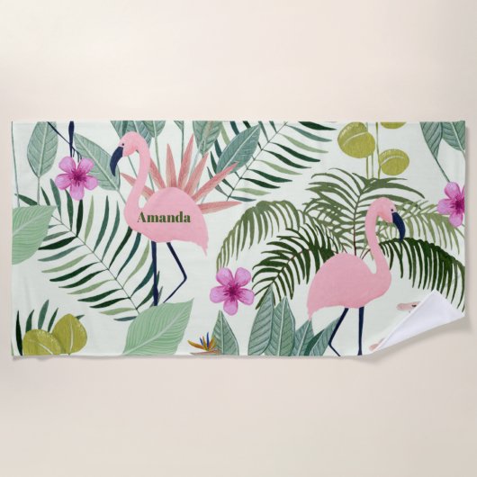 Serviette De Plage Bachelorette à feuilles vertes Flamant rose rose p (Devant)