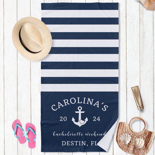Serviette De Plage Bachelorette Coeur Nautique Week-end Marine & Blan
