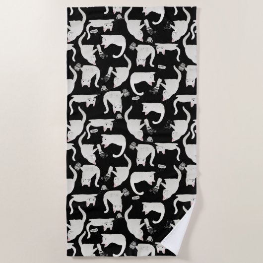 Serviette De Plage Bad Cats Knocking Stuff Over, White Cats on Black (Devant)