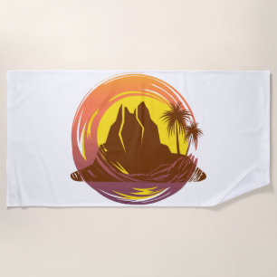 Serviette De Plage Badge avec paysage volcanique tropical et palmiers