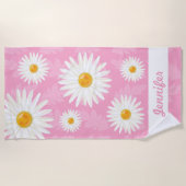 Serviette De Plage Baisson Blanc Sur Rose Avec Nom Personnalisé (Devant)