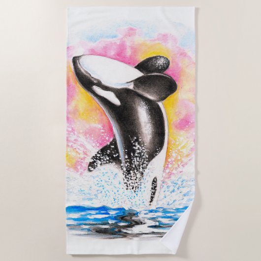 Serviette De Plage Baleine d'Orca Aquarelle arc-en-ciel (Devant)