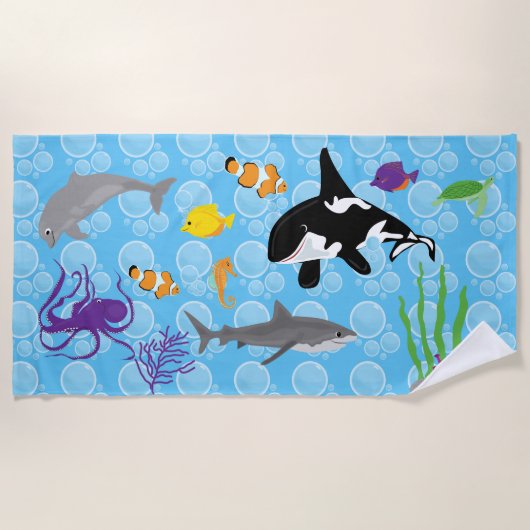 Serviette De Plage Baleines, requins et poissons (Devant)