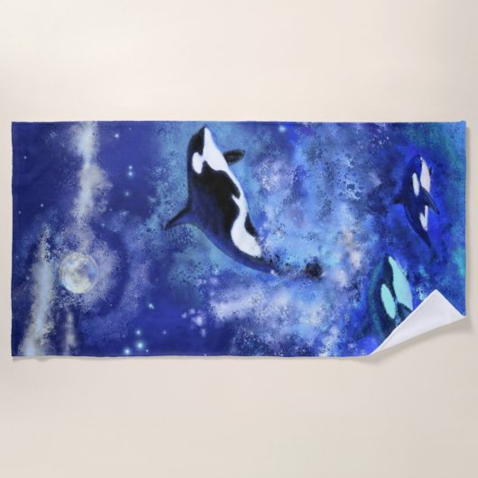 Serviette De Plage Baleines tueuses en Pleine lune - Dessin artistiqu (Devant)