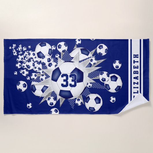 Serviette De Plage balle de football bleu souffle son nom maillot num (Devant)